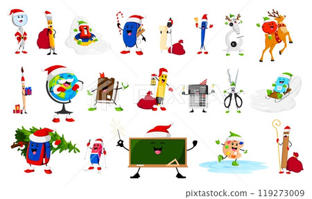 Cartoon Christmas school education items, stationery and book characters. Xmas holiday supplies of vector cute pencil, pen, paint brush and ruler personages with Christmas tree, Santa gift bag, deer 119273009