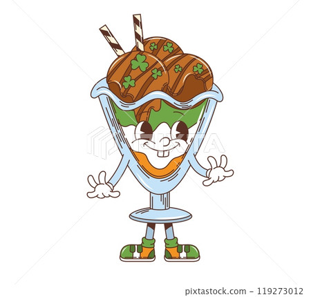 Cartoon groovy ice cream sundae dessert character, saint Patrick day sweet personage. Isolated vector retro glass cup with soft chocolate icecream and clover sprinkles for Irish holiday celebration 119273012
