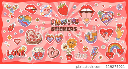 Groovy valentine love stickers and y2k stickers pack. Cartoon hearts, flowers, lips, peace symbols, love-related phrases and rainbows, sunglasses and sweets with retro hippie aesthetic and bold colors Groovy valentine love stickers and y2k stickers pack. Cartoon hearts, flowers, lips, peace symbols, love-related phrases and rainbows, sunglasses and sweets with retro hippie aesthetic and bold colors 119273021