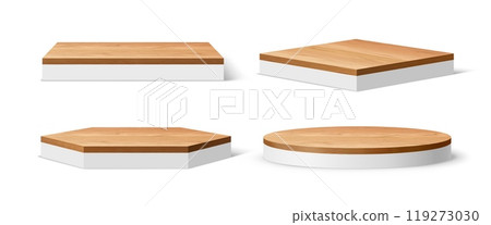 3d realistic white podium stage with wooden floor plates. Isolated vector geometric platforms or pedestals with polished wood top. Round, hexagonal and square exhibit stands for product presentation 3d realistic white podium stage with wooden floor plates. Isolated vector geometric platforms or pedestals with polished wood top. Round, hexagonal and square exhibit stands for product presentation 119273030