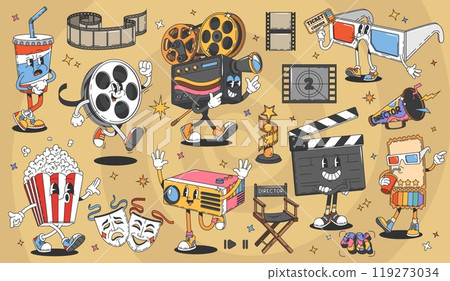 Cartoon movie cinema groovy characters. Retro hippie cinema ticket, 3d glasses and vintage video projector vector personages. Cute old movie theater popcorn bucket, soda, film reel and clapperboard 119273034