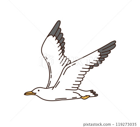 Cartoon groovy seagull, isolated vector graceful and free bird with white feathers, gray wing tips and yellow beak soars in mid-flight with wings spread wide, creating a sense of freedom and movement 119273035
