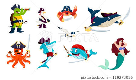 Cartoon sea pirate animals and mermaid characters, Caribbean corsair and captains, vector personages. Sea pirate animals, whale in tricorne hat, octopus filibuster with sword and cute mermaid Cartoon sea pirate animals and mermaid characters, Caribbean corsair and captains, vector personages. Sea pirate animals, whale in tricorne hat, octopus filibuster with sword and cute mermaid 119273036