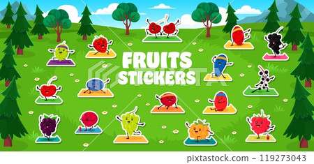 Stickers pack of funny cartoon berry characters on fitness performing outdoor exercises. Vector patches with strawberry, cherry, blueberry, black currant, grape, raspberry, promoting healthy lifestyle 119273043