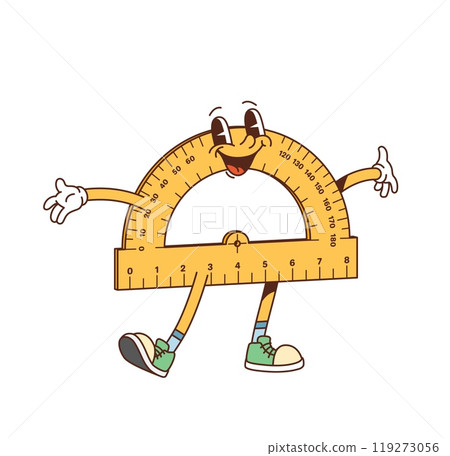 Groovy school protractor character. Cartoon retro ruler personage. Isolated vector nostalgic, old-school classroom tool with smiling face. Educational measuring item for learning geometry or math 119273056