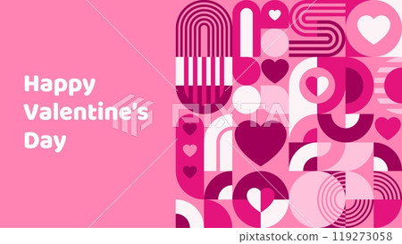 Valentines Day poster with abstract geometric pattern of pink and purple hearts, circles, lines and arches. Vector modern graphic background of romantic love holiday, minimalist geometric composition Valentines Day poster with abstract geometric pattern of pink and purple hearts, circles, lines and arches. Vector modern graphic background of romantic love holiday, minimalist geometric composition 119273058