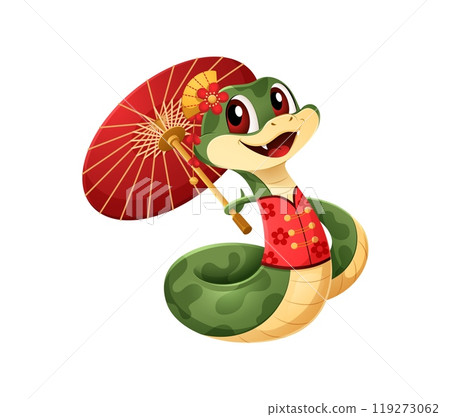 Adorable cartoon snake character wearing traditional Chinese attire and holding bright red parasol. Celebratory and cheerful vector reptile zodiac symbol of the Chinese New Year, and cultural heritage 119273062