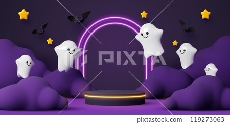 3d Halloween podium with flying ghosts and bats. Vector holiday scene featuring a pedestal surrounded by friendly spooks, purple clouds and bats at dark backdrop with glowing stars and neon light arch 3d Halloween podium with flying ghosts and bats. Vector holiday scene featuring a pedestal surrounded by friendly spooks, purple clouds and bats at dark backdrop with glowing stars and neon light arch 119273063