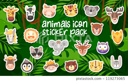 Stickers pack of funny cartoon animal characters on a lush jungle background. Cute giraffe, zebra, pig, tiger and koala. Deer, unicorn, lion and elephant, raccoon, owl or bison, penguin, monkey, bear Stickers pack of funny cartoon animal characters on a lush jungle background. Cute giraffe, zebra, pig, tiger and koala. Deer, unicorn, lion and elephant, raccoon, owl or bison, penguin, monkey, bear 119273065