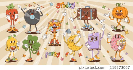 Cartoon retro groovy characters, hippie 60s 70s and funky comic art, vector personages. Funny groovy donut and dancing disco ball with vinyl disk on hippie party with cute lemon and shamrock clover Cartoon retro groovy characters, hippie 60s 70s and funky comic art, vector personages. Funny groovy donut and dancing disco ball with vinyl disk on hippie party with cute lemon and shamrock clover 119273067