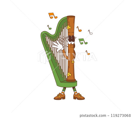 Cartoon retro groovy irish harp character, saint patrick day holiday personage. Isolated vector instrument clover leaves and notes around, celebrates St Patricks festival, playing music on its strings 119273068