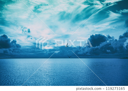 Seascape in the early morning. Sunrise over the sea. Nature landscape in blue color toning 119273165