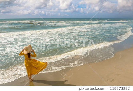 Seascape on a sunny summer day. Woman on the beach. A young happy woman walks carelessly along the seashore in a yellow flowing dress. View from above 119273222