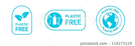 Blue plastic free sticker. Safe planet logo for eco friendly products. Blue plastic free sticker. Safe planet logo for eco friendly products. 119273229