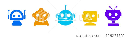 Sets of colorful robot smiling face icon. Futuristic cute help bots. 119273231