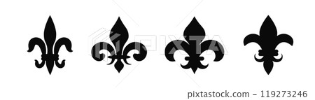 Black heraldic french lily. Medieval heraldic flower. Dark Fleur de lis symbol. 119273246