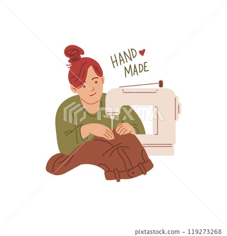 Vector illustration a girl who is sewing jeans on a sewing machine, creating handmade products Vector illustration a girl who is sewing jeans on a sewing machine, creating handmade products 119273268