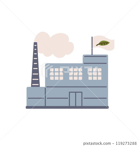 Slow fashion. Vector illustration of a factory with a chimney and a flag with a leaf. 119273288