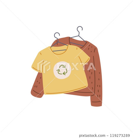 Vector illustration showing sustainable fashion with clothes for recycling and ethical consumption. 119273289