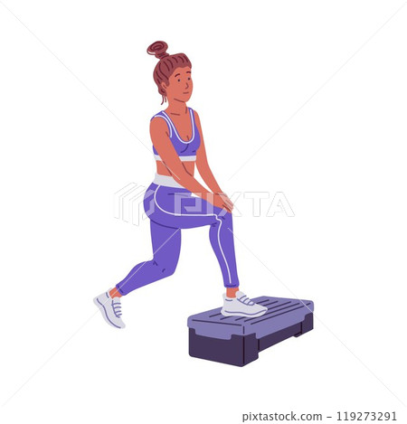 Step aerobics. Woman does cardio training in the gym. 119273291