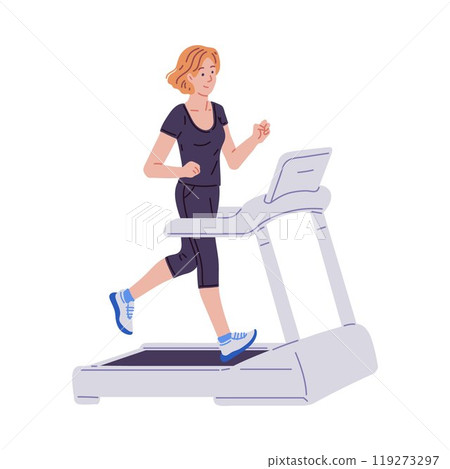 Vector illustration of a woman in sportswear running on a treadmill. 119273297