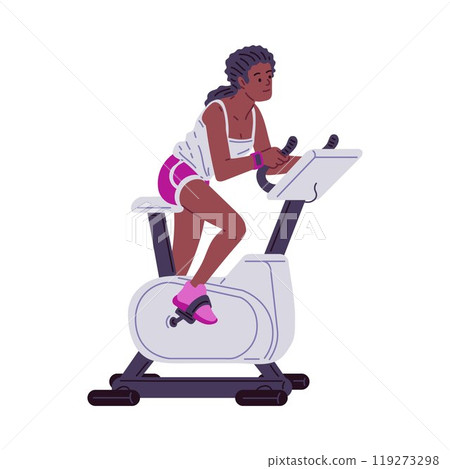 Woman doing stationary exercise bike workout, cardio training on bicycle, vector cartoon athlete girl on sport equipment 119273298
