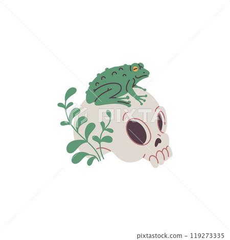 This vector illustration shows a human skull with a grass branch and a green frog. 119273335