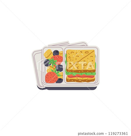 Opened bento box with food, vector lunchbox with sandwich, berries and fruit pieces, divided plastic container with lid 119273361