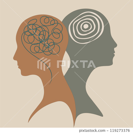 2 Head silhouette. Metaphor bipolar disorder mind mental. Double face with tangle and untangle brain. Concept mood disorder. Mental health. Split personality. Psychology. Psychiatry 119273376