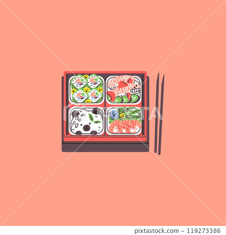 Vector illustration of a wooden lunch box with funny rice and fish characters with chopsticks 119273386