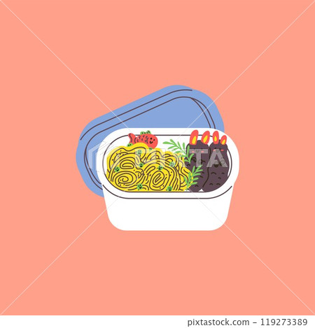 Opened childish bento box with food decorated with emoticons, vector lunchbox with pasta and cutlets, container with lid Opened childish bento box with food decorated with emoticons, vector lunchbox with pasta and cutlets, container with lid 119273389