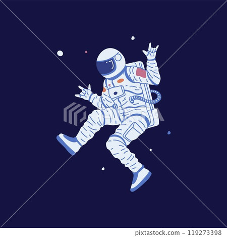 Vector illustration an astronaut in a spacesuit hovering in space, he shows a Rock sign 119273398
