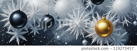 Christmass decorations, black and golden baubles on icy frozen background, snow and frost. Illustration 119273457