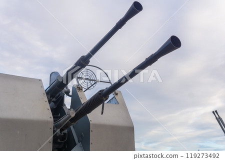 Double-barreled naval automatic cannon against the sky close-up, military background 119273492