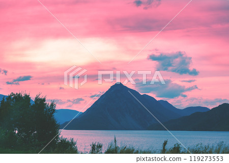 Fjord at sunset. Rocky seashore in the evening. Beautiful nature of Norway. Picturesque Scandinavian landscape. Lofoten islands, Norway 119273553