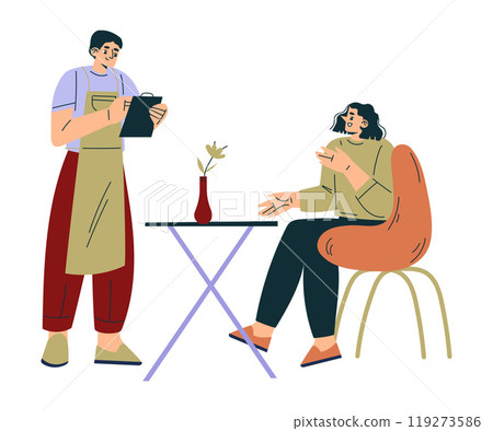 Woman in the Cafe Sitting at Table Take Order with Waiter Standing Vector Illustration 119273586