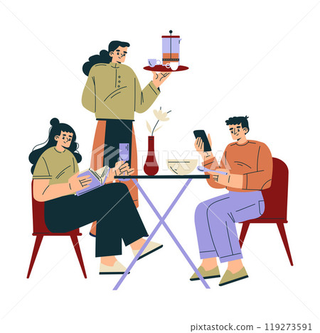 Man and Woman in the Cafe Sitting at Table Enjoy Food and Drink Vector Illustration 119273591