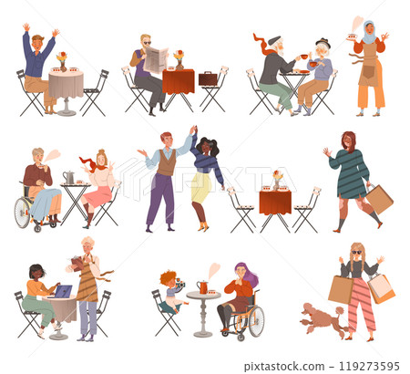 People in the Cafe Sit at Table Enjoy Drink and Communicate Vector Set People in the Cafe Sit at Table Enjoy Drink and Communicate Vector Set 119273595