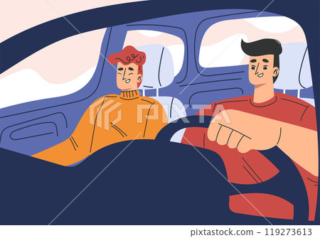 Man Character in Car Driving Enjoy Road Trip Vector Illustration 119273613