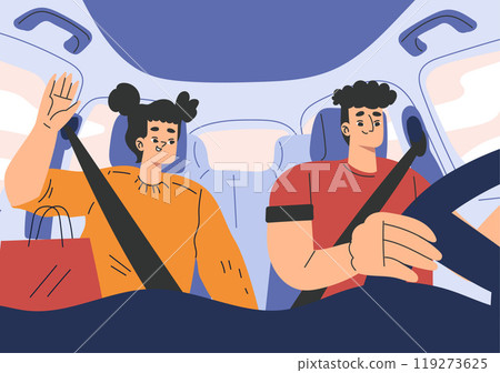 Man and Woman Character in Car Driving Enjoy Road Trip Vector Illustration 119273625