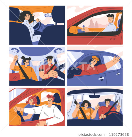 People Character in Car Driving Enjoy Road Trip Vector Set 119273628