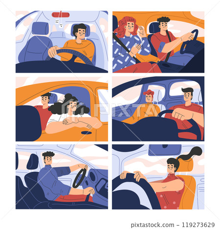 People Character in Car Driving Enjoy Road Trip Vector Set 119273629