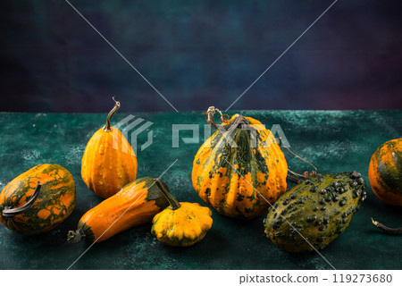 Various decorative pumpkin on green background Various decorative pumpkin on green background 119273680
