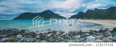 Rocky beach in the evening. Beautiful nature of Norway. Picturesque Scandinavian landscape. Horizontal banner 119273726