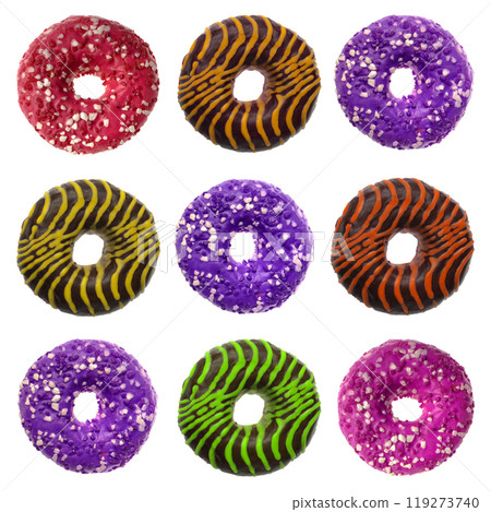 Collage of appetizing American donuts on white background isolated 119273740