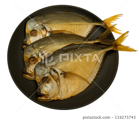 Three smoked vomer fish on a plate isolated on white Three smoked vomer fish on a plate isolated on white 119273743