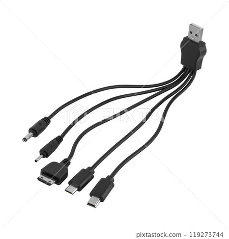 Universal adapter cable from USB connector to micro USB, mini-USB and other connectors, white background in insulation 119273744