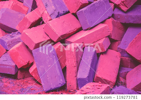 Clay handmade bricks. Abstract pile of bricks background. Bright magenta purple colored Clay handmade bricks. Abstract pile of bricks background. Bright magenta purple colored 119273781