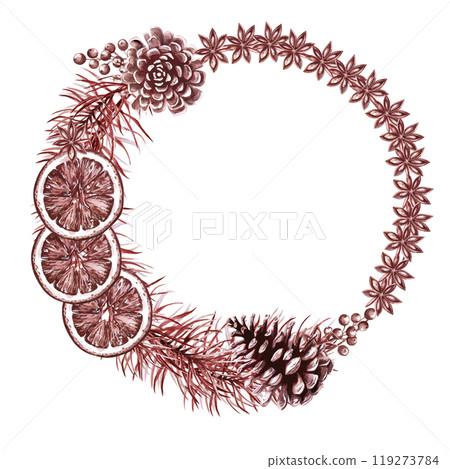 Watercolor Christmas wreath. Monochrome isolated illustration in vintage style for design of cards, holiday posters, textiles Watercolor Christmas wreath. Monochrome isolated illustration in vintage style for design of cards, holiday posters, textiles 119273784