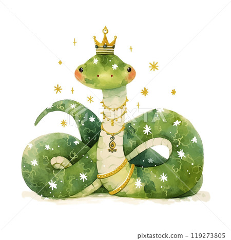 A green snake with a crown on its head. The snake is sitting on a white background. The snake is wearing a crown and has a star on its head 119273805